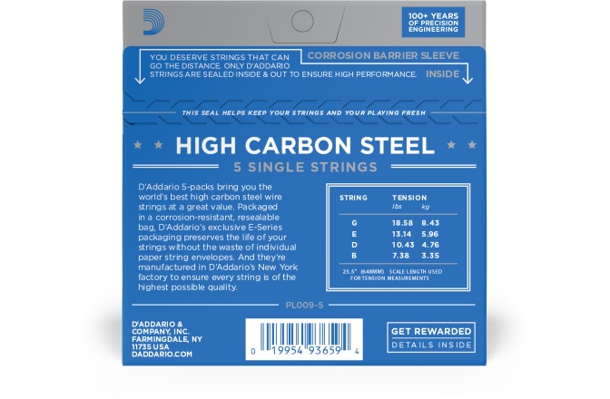 5 Corzi de chitară acustică/electrică Daddario PL009-5 Plain Steel 009 5-pack