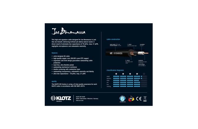 Cablu chitară high-end Klotz Joe Bonamassa high end guitar cable - 4.5 m - black - straight - angled