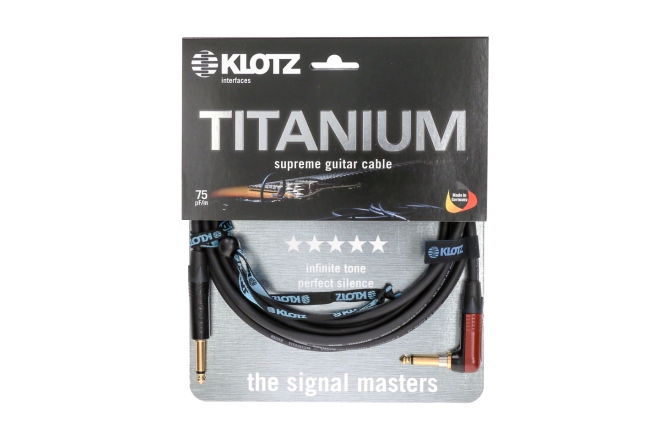 Cablu chitară high-end Klotz TITANIUM supreme guitar cable - 4,5 m - black and red - straight - angled (SilentPlug)