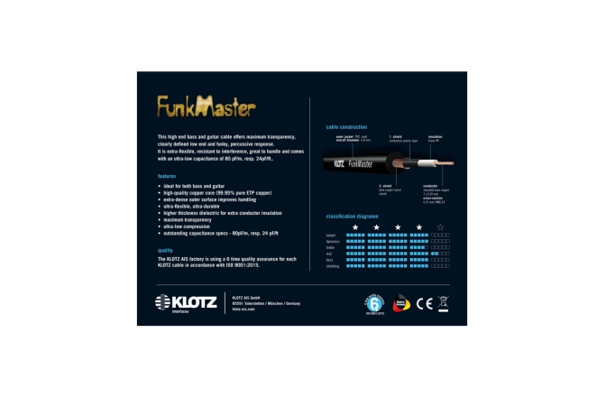 Cablu FunkMaster profesional Klotz FunkMaster high end guitar & bass cable - 4.5 m - straight - angled