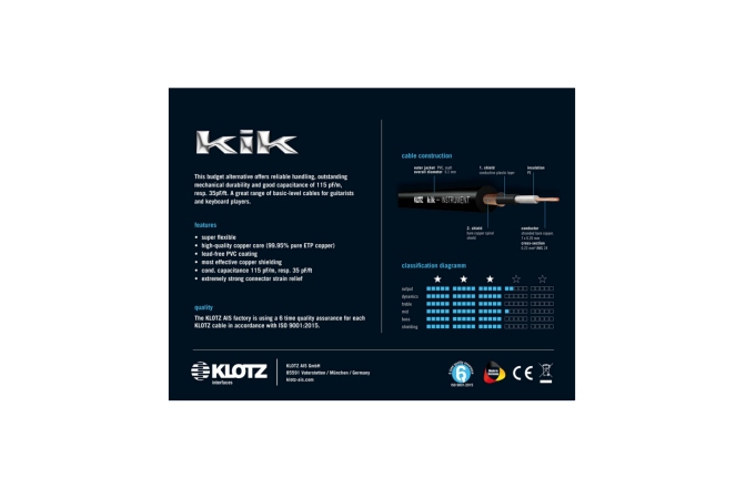 Cablu instrument fiabil Klotz pro instrument cable with metal jack by KLOTZ - 6 m - black - angled - angled