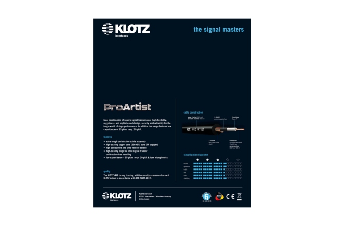 Cablu instrument profesional Klotz PRO ARTIST professional guitar cable with jacks from nickel and nickel-plated contacts - by Neutrik® - 4,5 m - straight - straight
