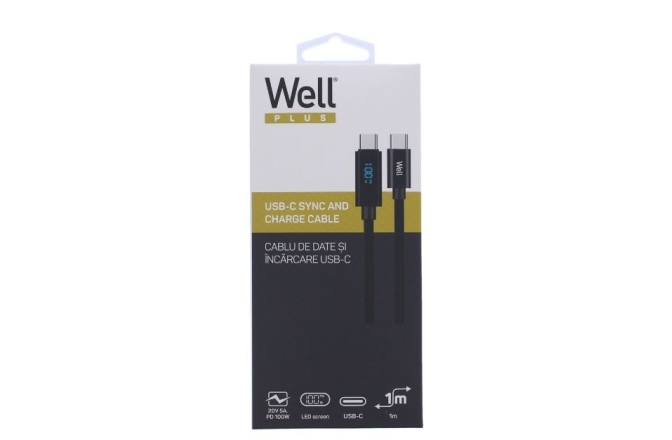 Cablu USB C - USB C Well Cablu USB-C - USB-C 1m 20V/5A 100W negru afisaj incarcare