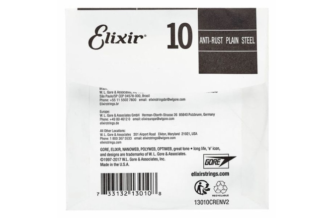 Coardă pentru Chitră Electrică și Acustică Elixir PL010 Plain Steel 13010