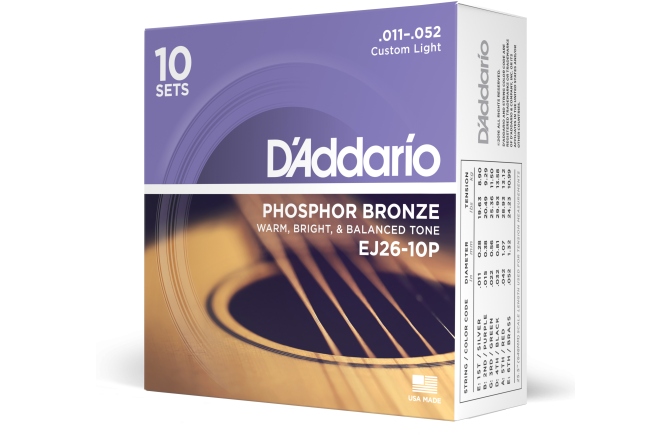 Corzi chitară acustică Daddario EJ26-10P PB Strings Custom Light 11-52 10 Sets