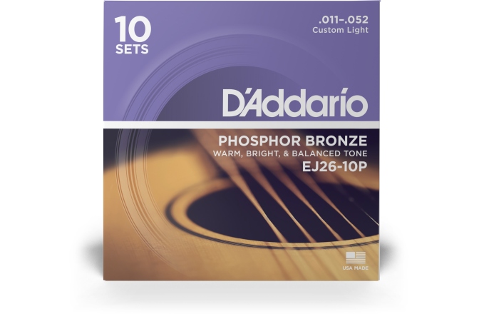 Corzi chitară acustică Daddario EJ26-10P PB Strings Custom Light 11-52 10 Sets