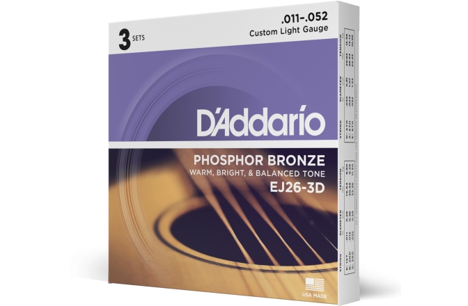Corzi chitară acustică Daddario EJ26-3D PB Custom Light 11-52 3 Sets