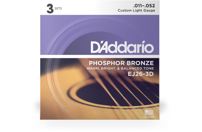 Corzi chitară acustică Daddario EJ26-3D PB Custom Light 11-52 3 Sets