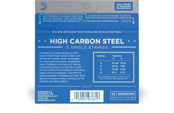 Corzi chitară acustică/electrică Daddario PL010-5 Plain Steel 010 5-pack