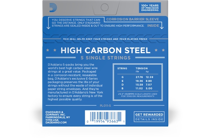 Corzi chitară acustică/electrică Daddario PL011-5 Plain Steel 011 5-pack