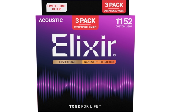 Corzi chitară acustică Elixir 3Pack Nanoweb Acoustic 80/20 11-52 16564