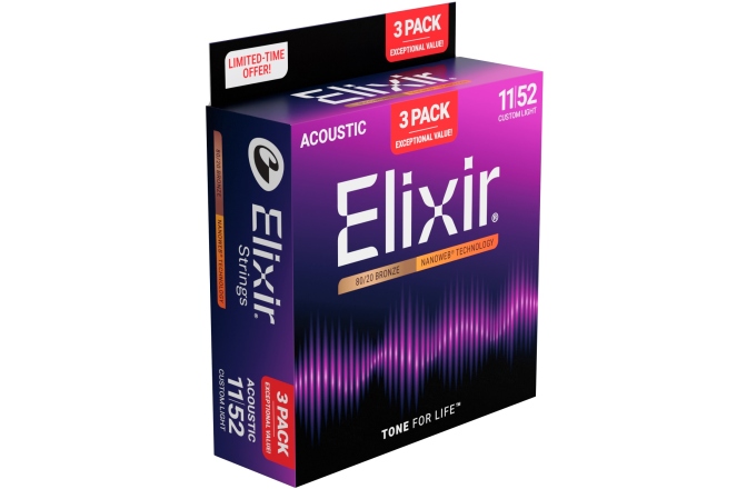 Corzi chitară acustică Elixir 3Pack Nanoweb Acoustic 80/20 11-52 16564