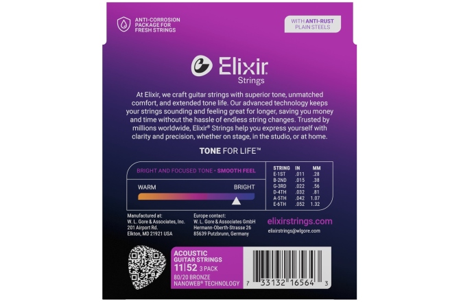 Corzi chitară acustică Elixir 3Pack Nanoweb Acoustic 80/20 11-52 16564