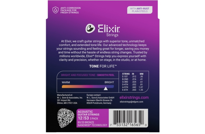 Corzi chitară acustică Elixir 3Pack Nanoweb Acoustic 80/20 12-53 16565