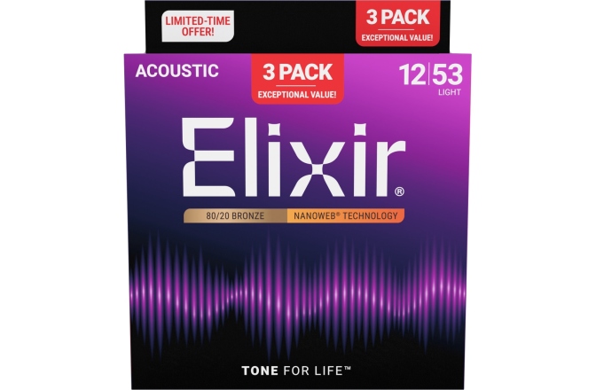 Corzi chitară acustică Elixir 3Pack Nanoweb Acoustic 80/20 12-53 16565