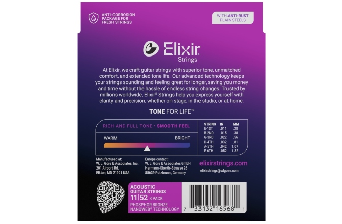 Corzi chitară acustică Elixir 3Pack Nanoweb Acoustic Ph Bronze 11-52 16568