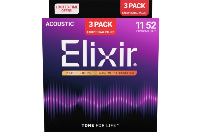 Corzi chitară acustică Elixir 3Pack Nanoweb Acoustic Ph Bronze 11-52 16568
