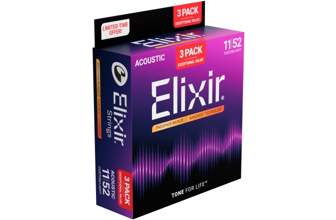 Corzi chitară acustică Elixir 3Pack Nanoweb Acoustic Ph Bronze 11-52 16568