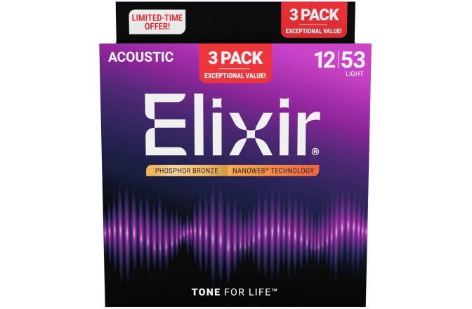Corzi chitară acustică Elixir 3Pack Nanoweb Acoustic Ph Bronze 12-53 16569