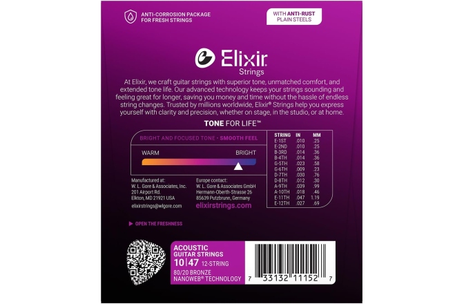 Corzi chitară acustică Elixir Nanoweb Acoustic 12-String Light 11152