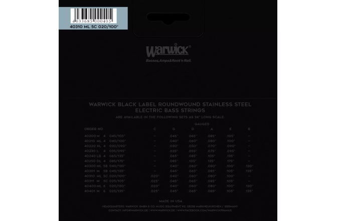 Corzi chitară bas Warwick Black Label 5 Set ML High C 020/100 40310 ML