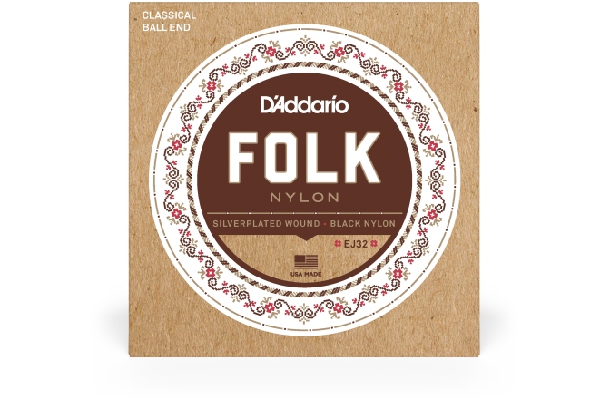 Corzi chitară clasică Daddario EJ32 Folk Ball End Silver Wound/Black Nylon Trebles