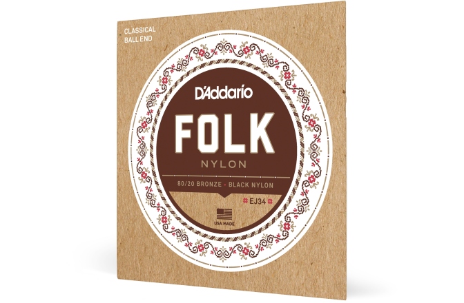 Corzi chitară clasică Daddario EJ34 Folk Ball End 80/20 Bronze/Black Nylon Trebles