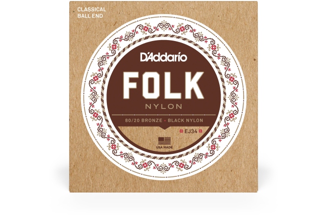 Corzi chitară clasică Daddario EJ34 Folk Ball End 80/20 Bronze/Black Nylon Trebles