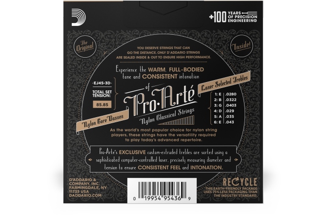 Corzi chitară clasică Daddario EJ45-3D Pro-Arte Nylon Normal Tension 3 Sets