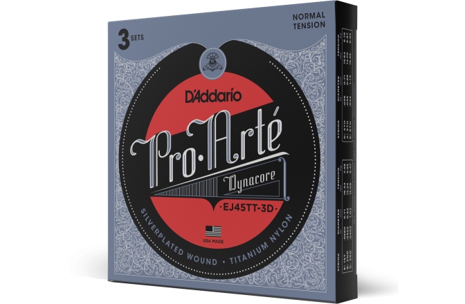 Corzi chitară clasică Daddario EJ45TT ProArte DynaCore Titanium Trebles Normal Tension 3 Sets