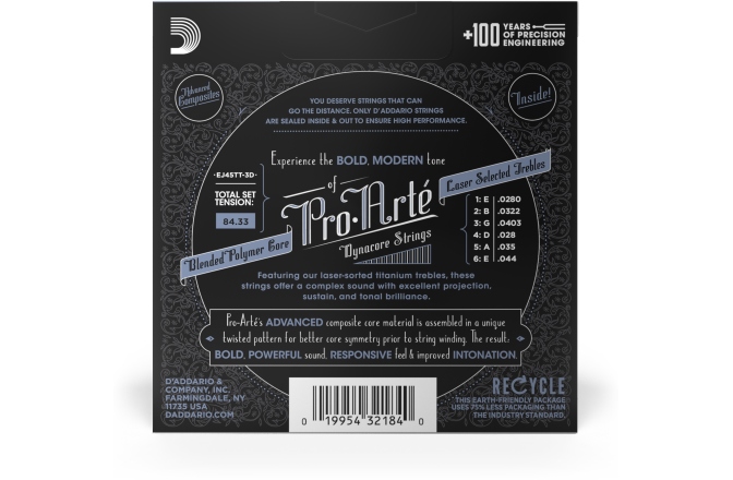 Corzi chitară clasică Daddario EJ45TT ProArte DynaCore Titanium Trebles Normal Tension 3 Sets