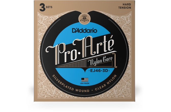 Corzi chitară clasică Daddario EJ46-3D Pro-Arte Nylon Hard Tension 3 Sets