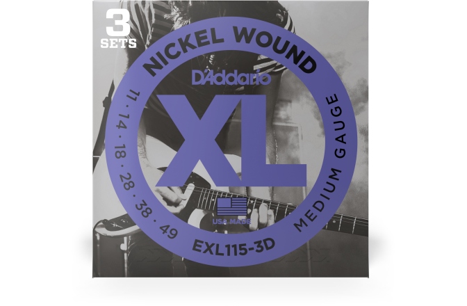 Corzi chitară electrică Daddario EXL115-3D Nickel Wound Medium/Blues-Jazz Rock 11-49 3 Sets
