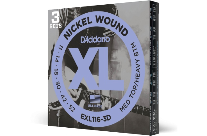 Corzi chitară electrică Daddario EXL116-3D Nickel Wound Medium Top/Heavy Bottom 11-52 3 Sets