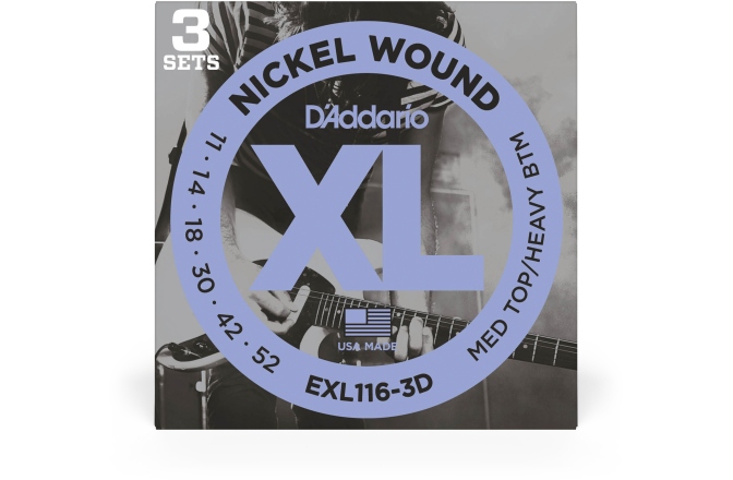 Corzi chitară electrică Daddario EXL116-3D Nickel Wound Medium Top/Heavy Bottom 11-52 3 Sets