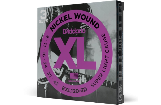Corzi chitară electrică Daddario EXL120-3D Nickel Wound Super Light 09-42 3 Sets