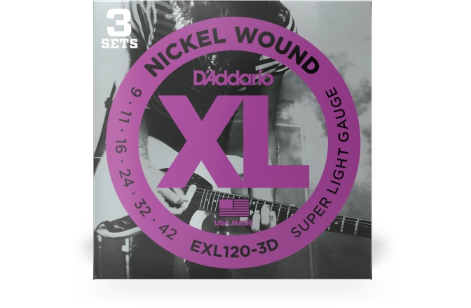Corzi chitară electrică Daddario EXL120-3D Nickel Wound Super Light 09-42 3 Sets