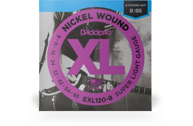 Corzi chitară electrică Daddario EXL120-8 8-String Nickel Wound Super Light 09-65
