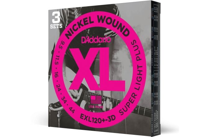 Corzi chitară electrică Daddario EXL120+-3D Nickel Wound Super Light Plus 9.5-44 3 Sets