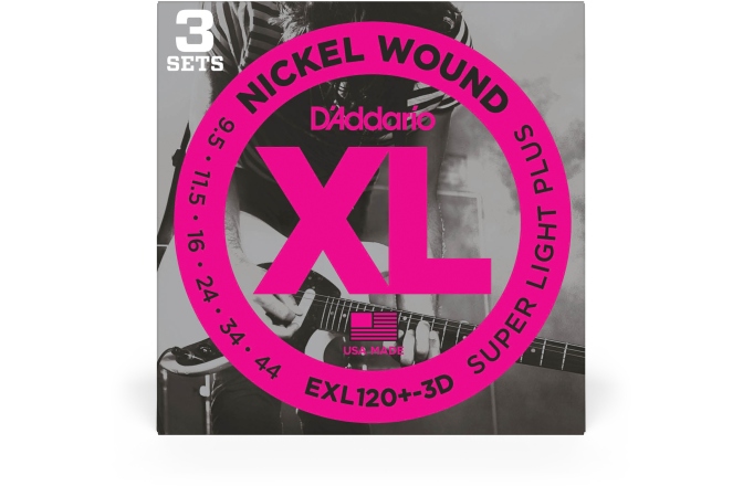 Corzi chitară electrică Daddario EXL120+-3D Nickel Wound Super Light Plus 9.5-44 3 Sets