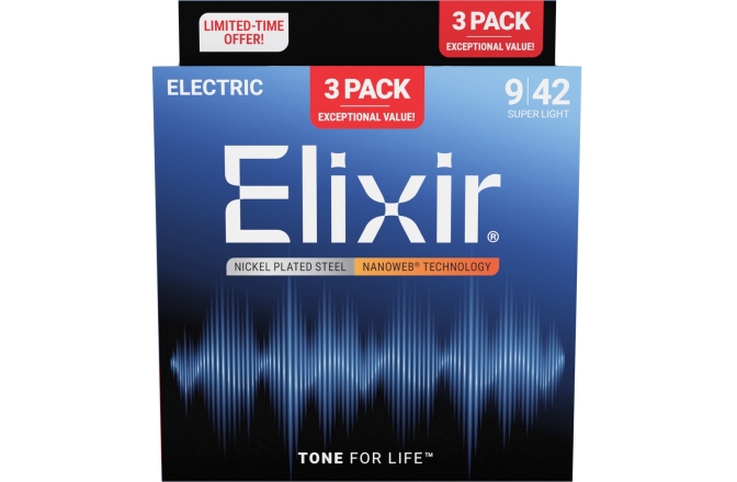 Corzi chitară electrică Elixir 3Pack Nanoweb Electric 9-42 16566