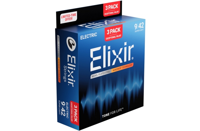Corzi chitară electrică Elixir 3Pack Nanoweb Electric 9-42 16566