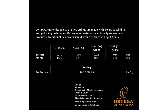 Corzi mandolină Ortega Custom Made Strings "Pro" for Mandolin 8 String - Light / Phosphor Bronze / Loop End / .010/.034