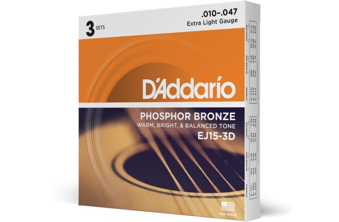 Corzi pentru chitară acustică Daddario EJ15-3D Ph. Bronze Ex.Light 10-47