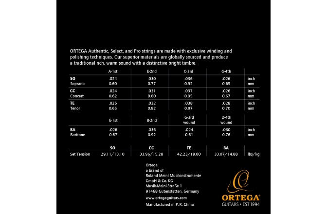 Corzi Ukulele Ortega Custom Made Strings "Select" for Tenor Ukulele 4 String - Custom Nylon / .026/.028