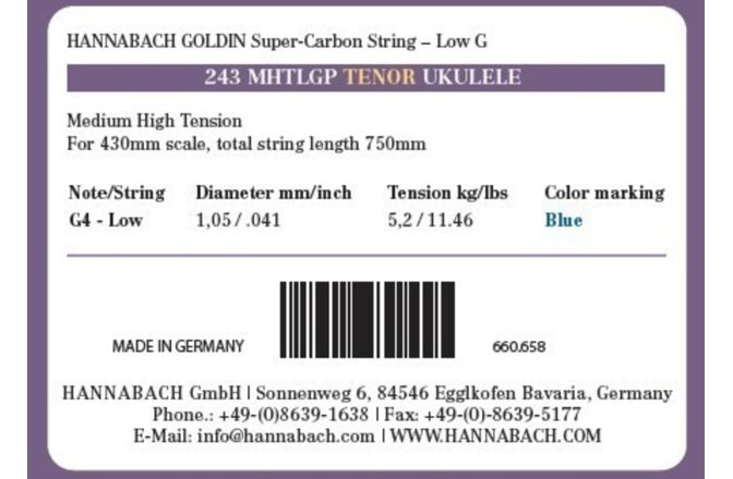 Corzi ukulele tenor Hannabach Corzi ukulele Single string Low G
