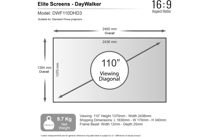 Ecran de proiectie cu rama fixa Elitescreens 243 x 137 Full Grey ptr ALR LONG THROW DWF110DHD3 Format 16:9