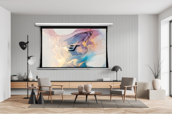 Ecran proiectie electric profesional, perete/tavan, 265.7 x 149.6 cm, Tensionat, Saker SKT120XHW-E20, 16:9