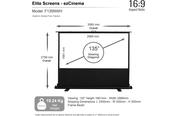 Ecran de proiecție Elitescreens Ecran proiectie portabil Pull Up, 299 x 168 cm, ezCinema F135NWH, format 16:9