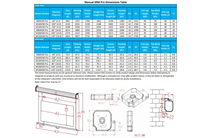 Ecran de proiectie pentru perete/tavan  Elitescreens  SRM-PRO 220 cm x125 cm Format 16:9 SLOW RETRACTION
